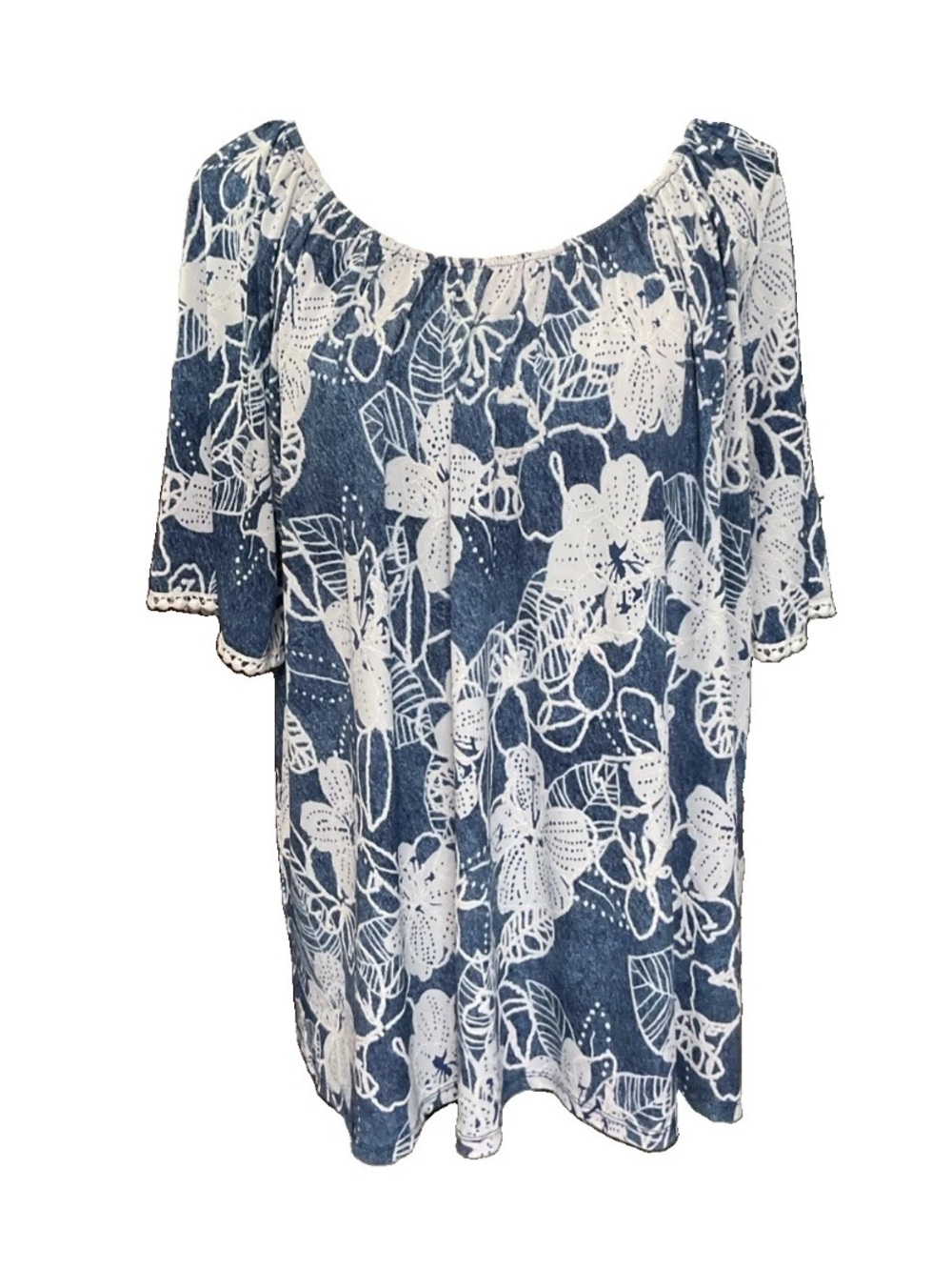 SJS Navy Blue White Floral Off-Shoulder Blouse 2X